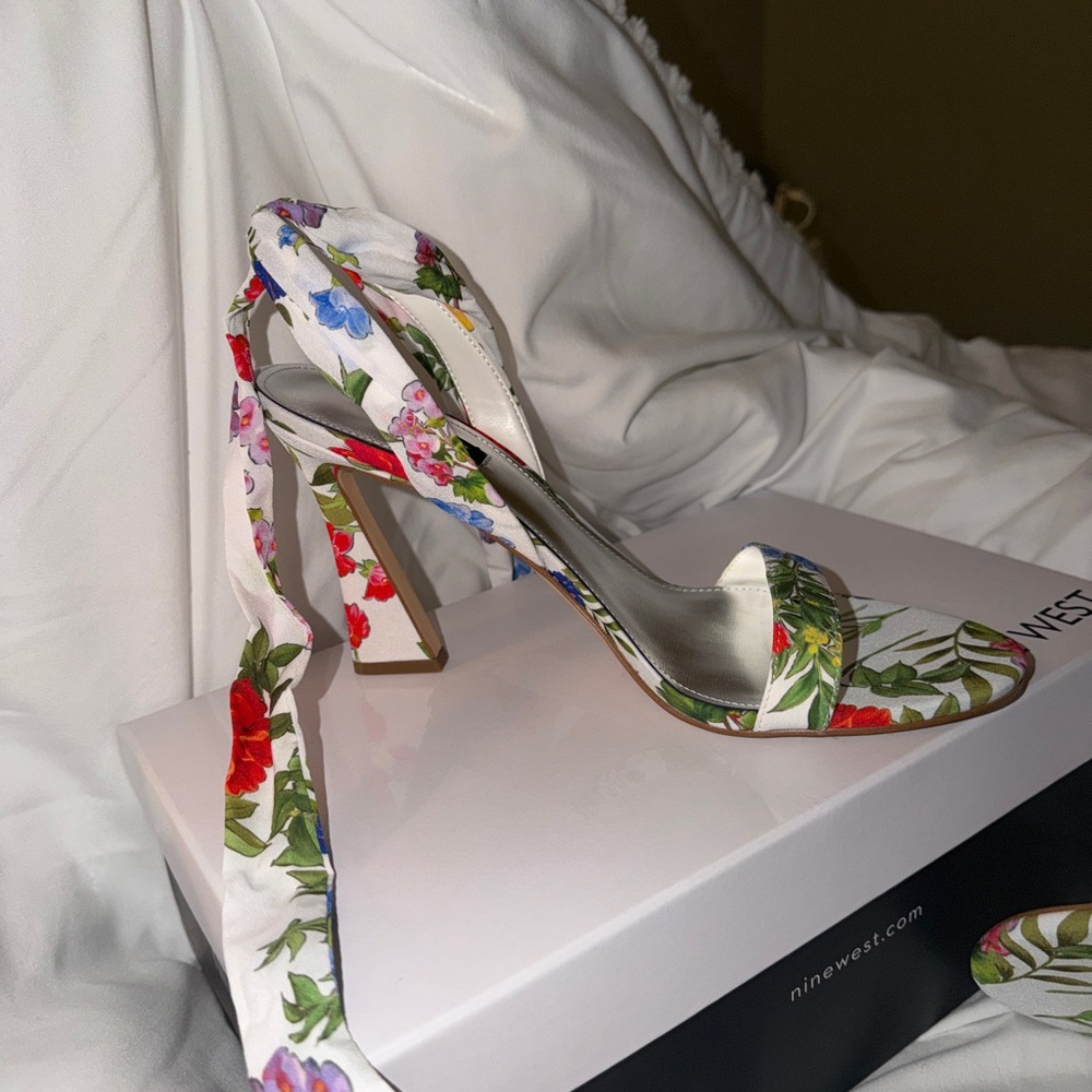 Nine West Floral Heeled Sandals - White and Multicolor